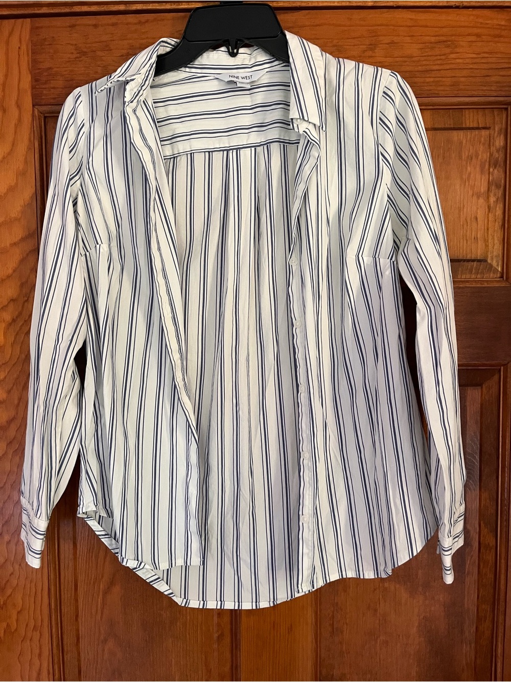Nine West White Button-Down Shirt with Navy Stripes